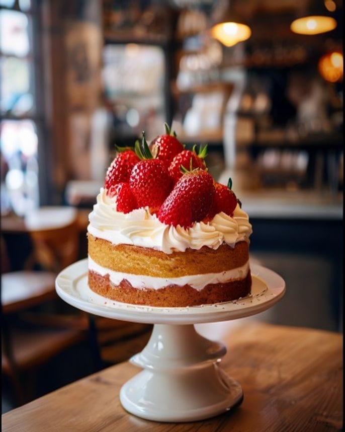 Erdbeertorte auf einer Tortenplatte an der Café-Theke