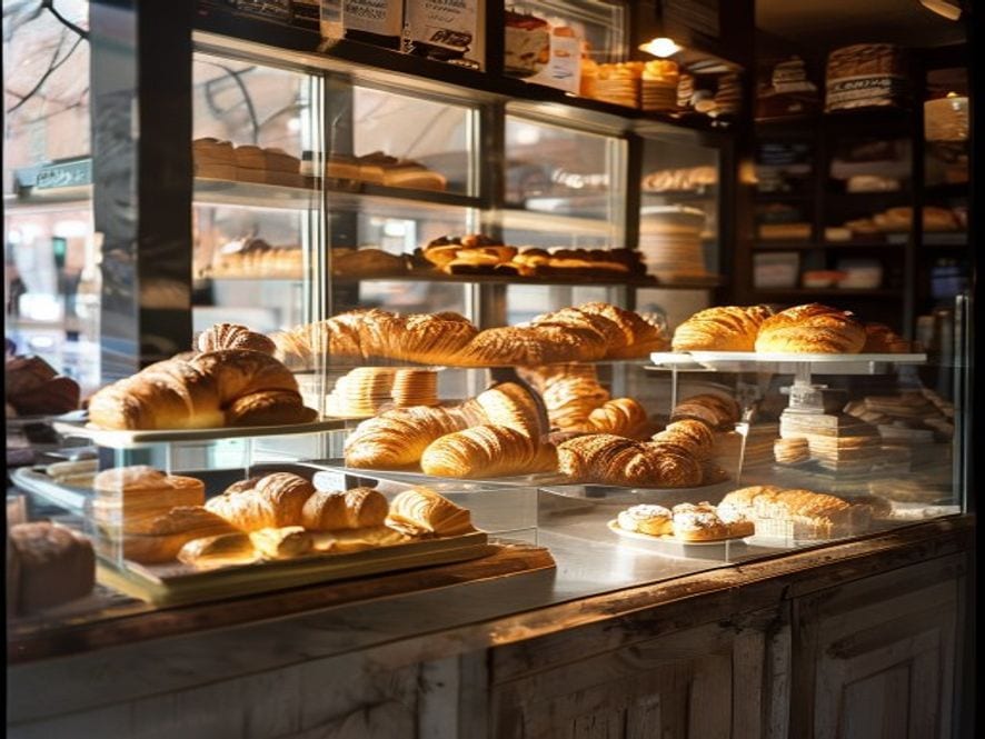 Bäckerei-Theke mit frischen Croissants, Broten und Kuchen im warmen Morgenlicht