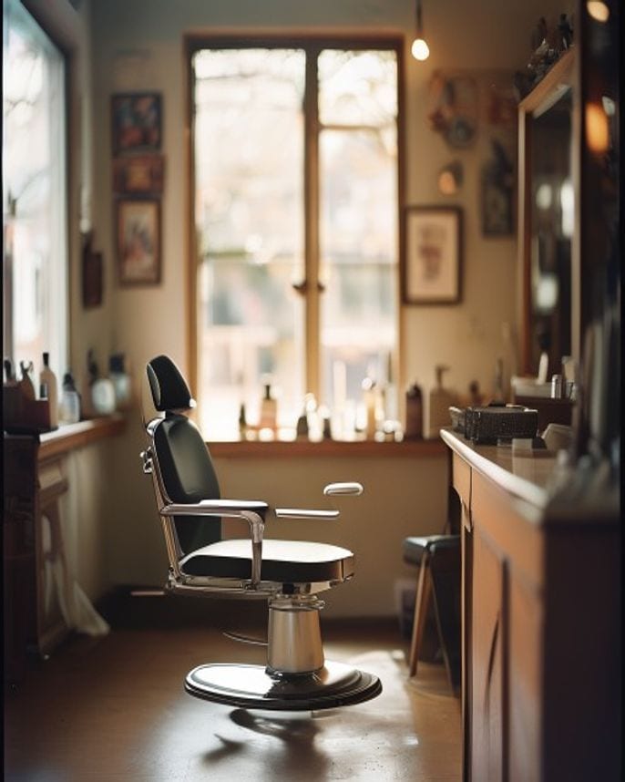 Leerer Friseurstuhl im warmen Fensterlicht eines Salons