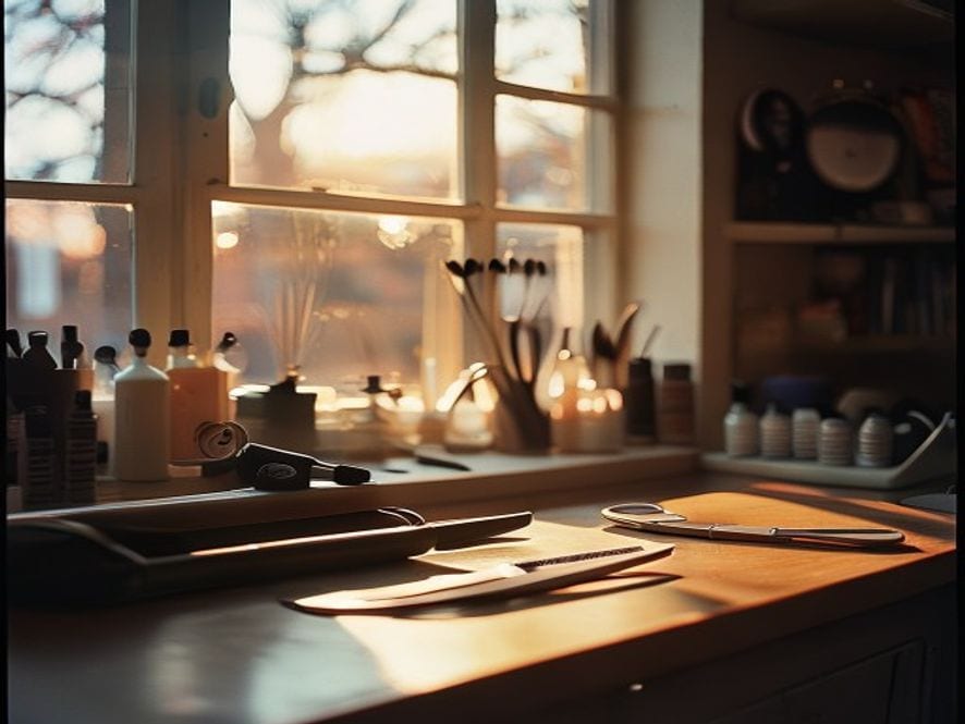 Aufgeräumter Salon-Arbeitsplatz am Abend, Schere und Kamm im warmen Fensterlicht