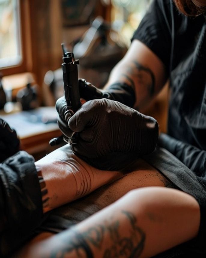 Nahaufnahme im Studio: Hände in schwarzen Handschuhen führen die Tattoo-Maschine über einen Unterarm, warmes Fensterlicht