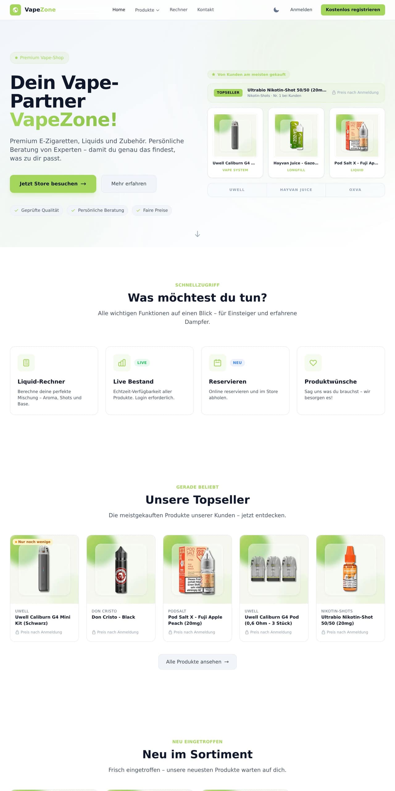Website von VapeZone24: Shop mit Live-Bestand und Reservierung
